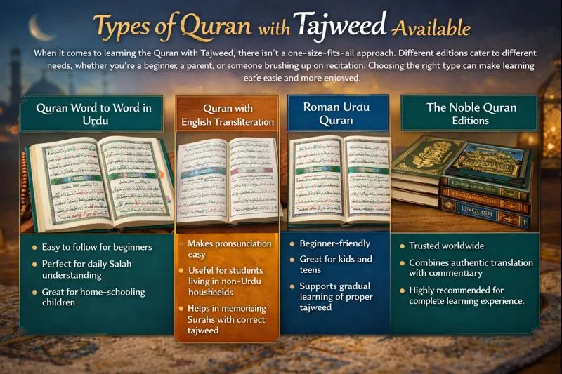 Types of Quran with Tajweed Available